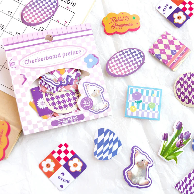 40Pcs Retro Grid Animals Decorative Stickers Scrapbooking Stick Label Diary Album Stickers Kawaii Stationery Cell Phone Stickers (ONLINE ORDER ONLY)