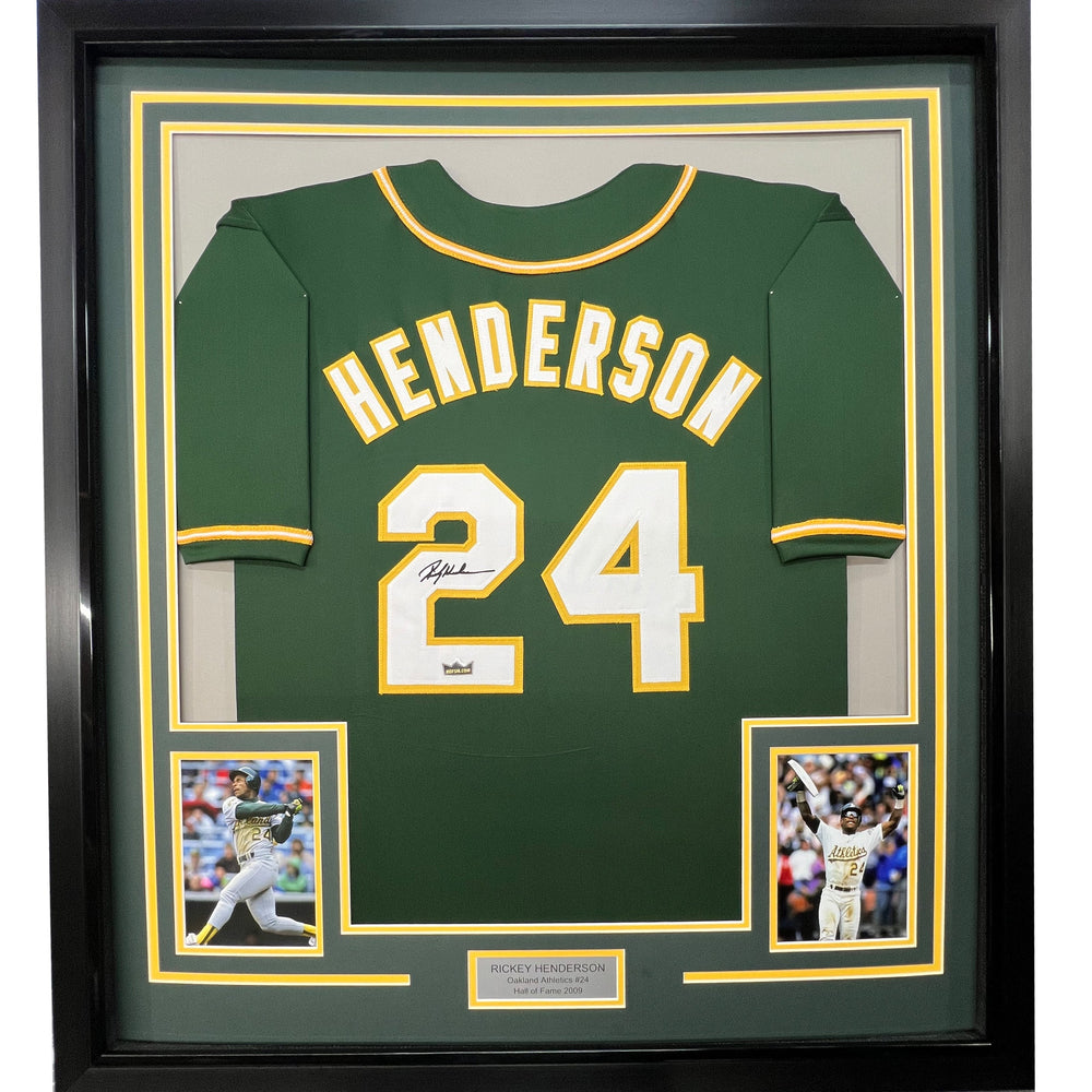 Framed Facsimile Autographed Rickey Henderson 35x39 Oakland Green Reprint Laser Auto Baseball Jersey (ONLINE ORDER ONLY)