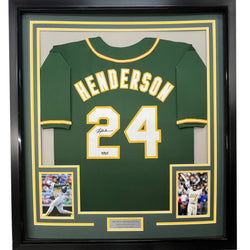 Framed Facsimile Autographed Rickey Henderson 35x39 Oakland Green Reprint Laser Auto Baseball Jersey (ONLINE ORDER ONLY)