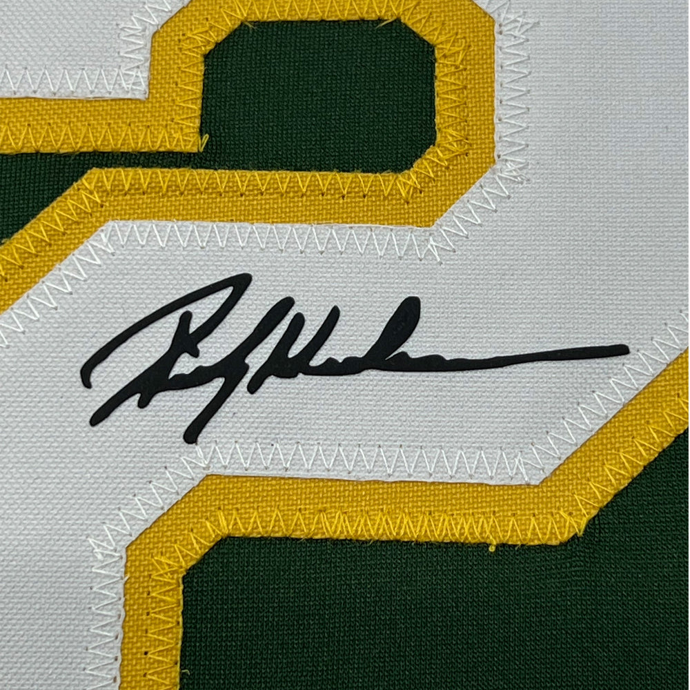 Framed Facsimile Autographed Rickey Henderson 35x39 Oakland Green Reprint Laser Auto Baseball Jersey (ONLINE ORDER ONLY)