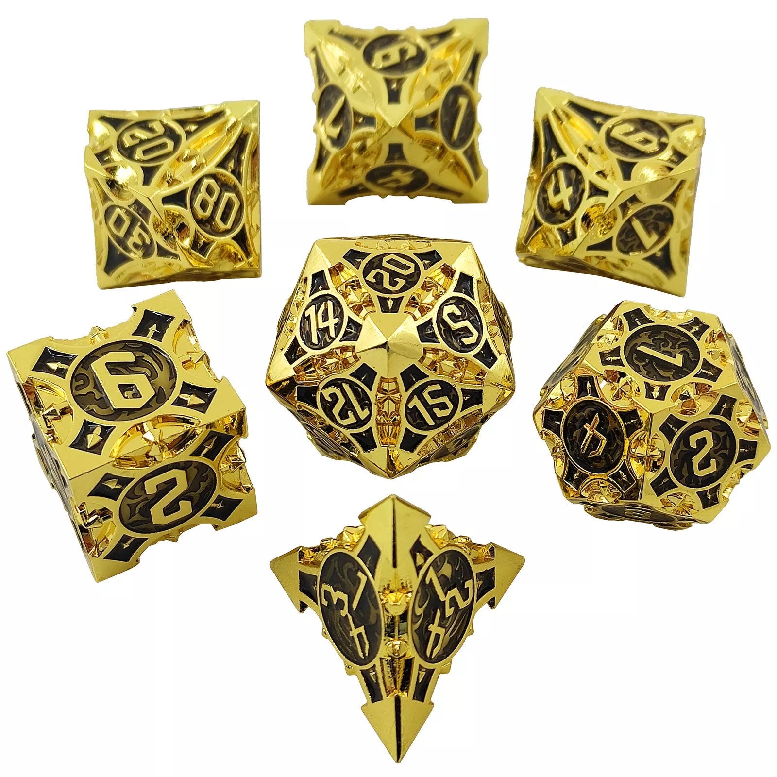 Gold w/black Barbed Strengthened Metal 7-Dice Set | Metal DND Dice (Online Only)