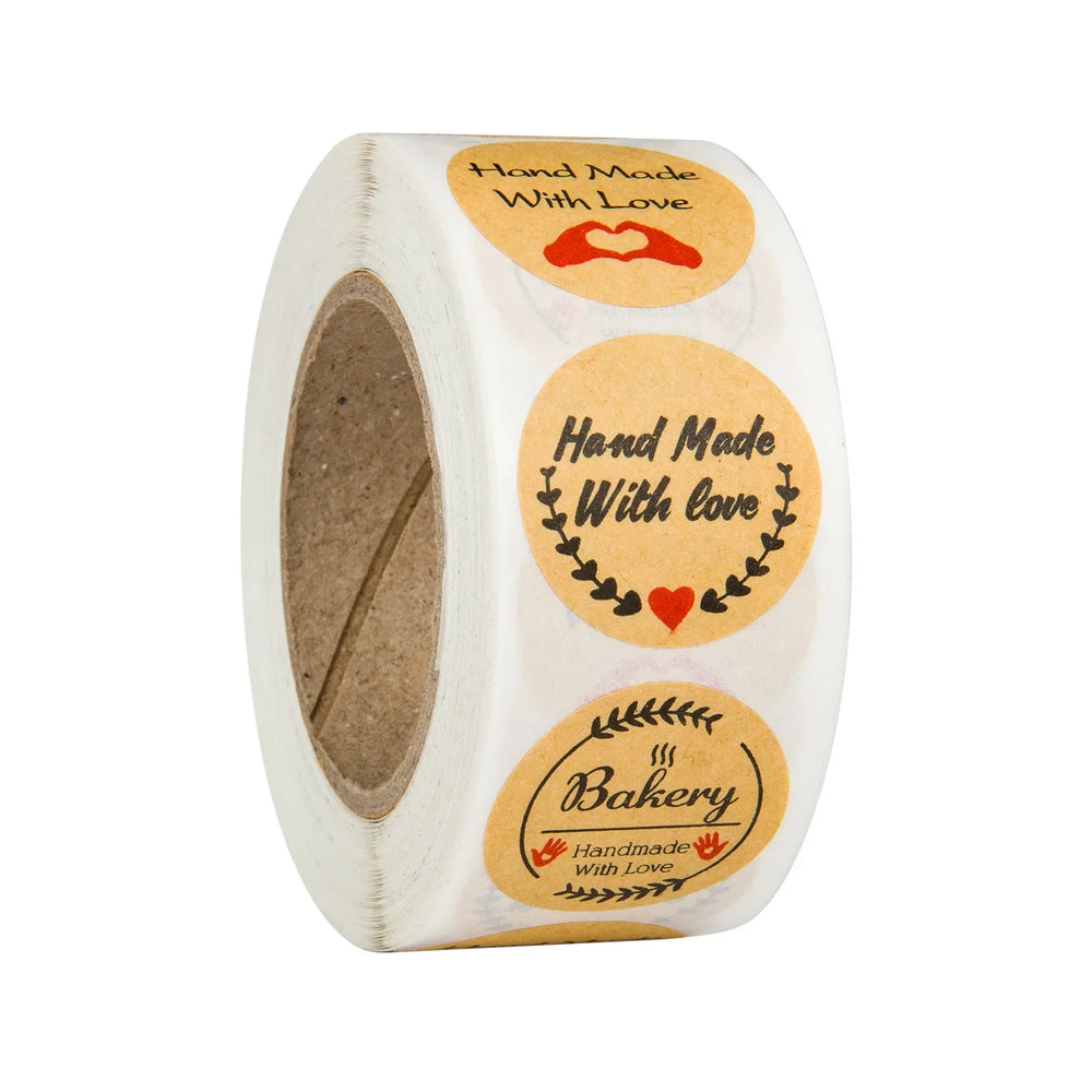 100-500Pcs "Handmade With Love" Kraft Paper Stickers Round Adhesive Labels Baking Wedding Decoration Party Decoration Sticker (Online Order Only)