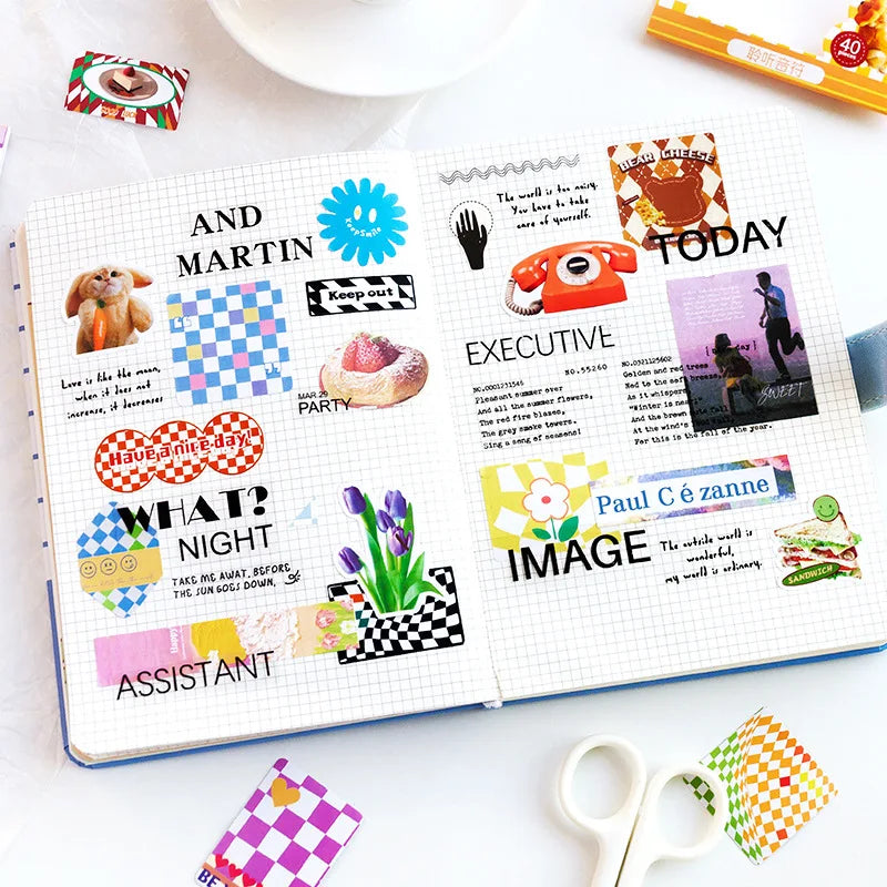40Pcs Retro Grid Animals Decorative Stickers Scrapbooking Stick Label Diary Album Stickers Kawaii Stationery Cell Phone Stickers (ONLINE ORDER ONLY)