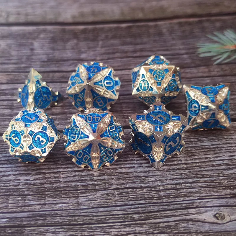 Dark Silver w/blue Barbed Strengthened Metal 7-Dice Set | Metal DND Dice (Online Only)