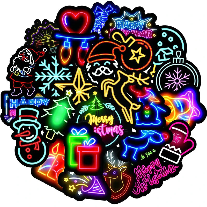 Neon Christmas Stickers 10/30/50PCS Waterproof Decals for Laptop, Guitar, Luggage, Fridge, Skateboard, Kids (Online Order Only)