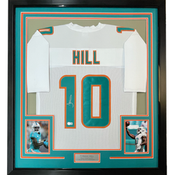 Framed Autographed/Signed Tyreek Hill 35x39 Miami White Football Jersey Beckett BAS COA (ONLINE ORDER ONLY)