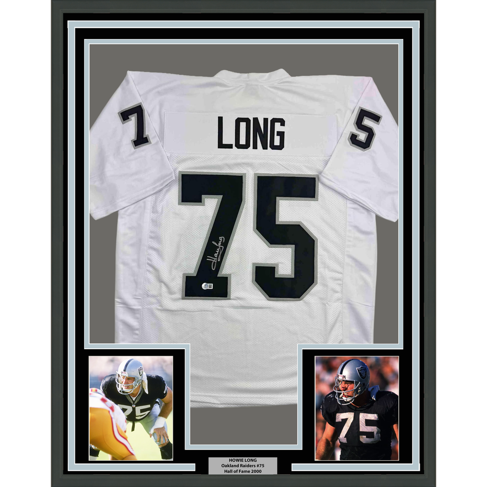 Framed Autographed/Signed Howie Long 35x39 Oakland White Football Jersey Beckett BAS COA