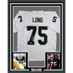 Framed Autographed/Signed Howie Long 35x39 Oakland White Football Jersey Beckett BAS COA