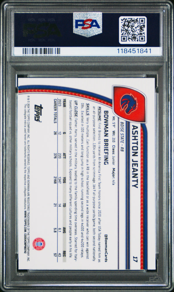 Graded 2024 Topps Bowman U Sapphire Ashton Jeanty #17 Rookie RC Football Card PSA 10 Gem Mint (ONLINE ORDER ONLY)