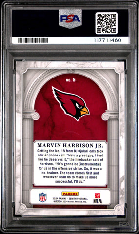 Graded 2024 Panini Zenith Marvin Harrison Jr #5 Z Marquee Rookie RC Football Card PSA 10 Gem Mint (ONLINE ORDER ONLY)