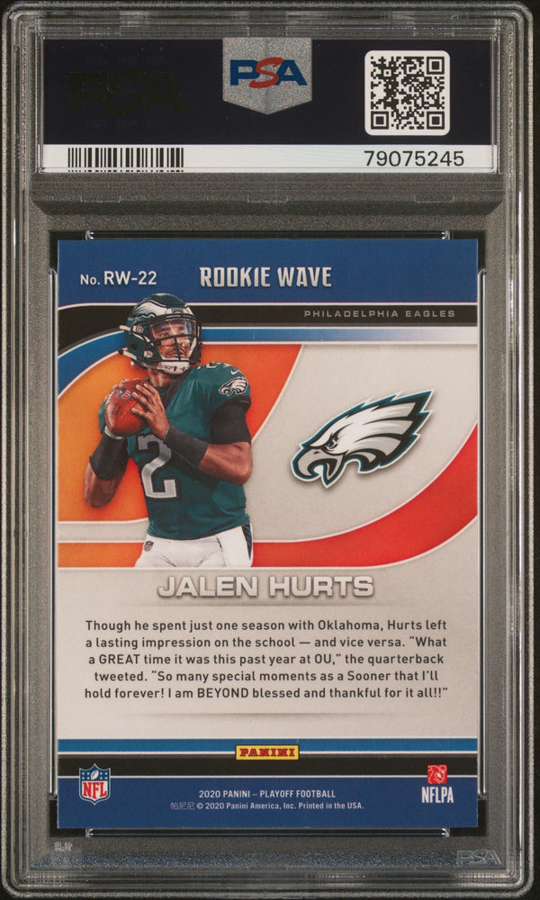 Graded 2020 Panini Playoff Jalen Hurts #RW22 Rookie Wave Rookie RC Football Card PSA 10 Gem Mint (ONLINE ORDER ONLY)