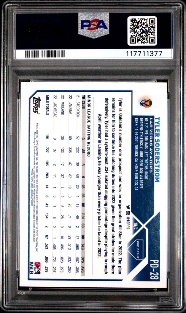 Graded 2023 Topps Pro Debut Tyler Soderstrom #PD28 Rookie RC Baseball Card PSA 10 Gem Mint (ONLINE ORDER ONLY)