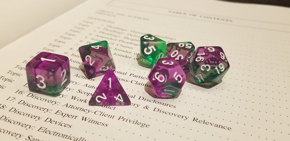 Violet Evergreen Translucent Purple/ Green Poly Dice Set with White (7) RPG DnD HdDice (Online Only)