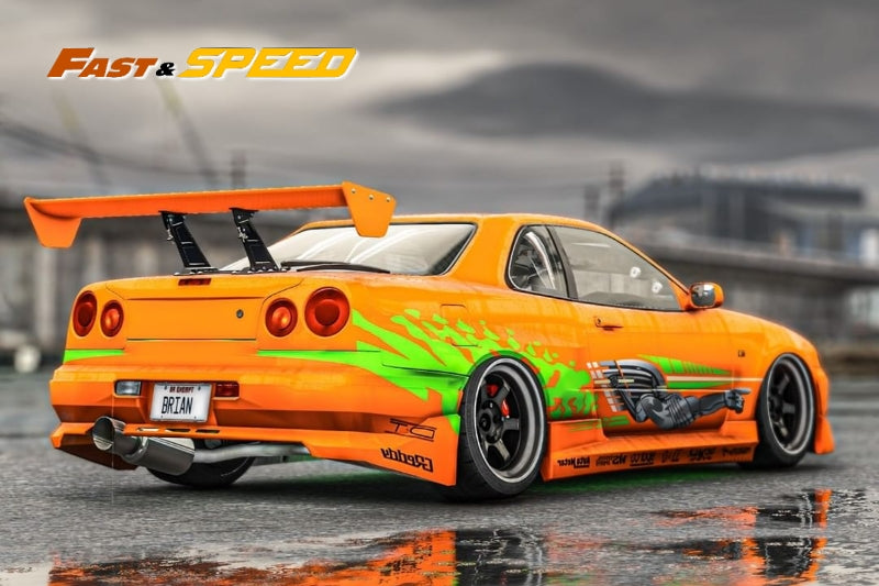 Fast Speed Nissan Skyline GT-R R34 Z-Tune HighWing Edition FNS Livery Amber Orange 1:64 (ONLINE ORDER ONLY)