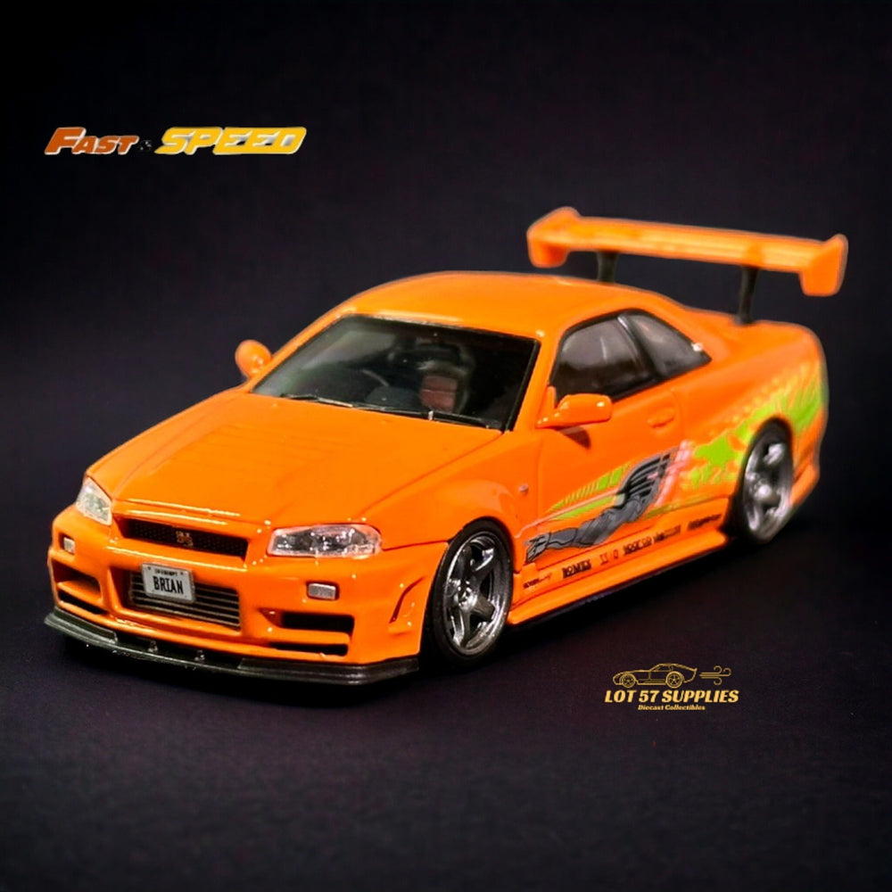 Fast Speed Nissan Skyline GT-R R34 Z-Tune HighWing Edition FNS Livery Amber Orange 1:64 (ONLINE ORDER ONLY)