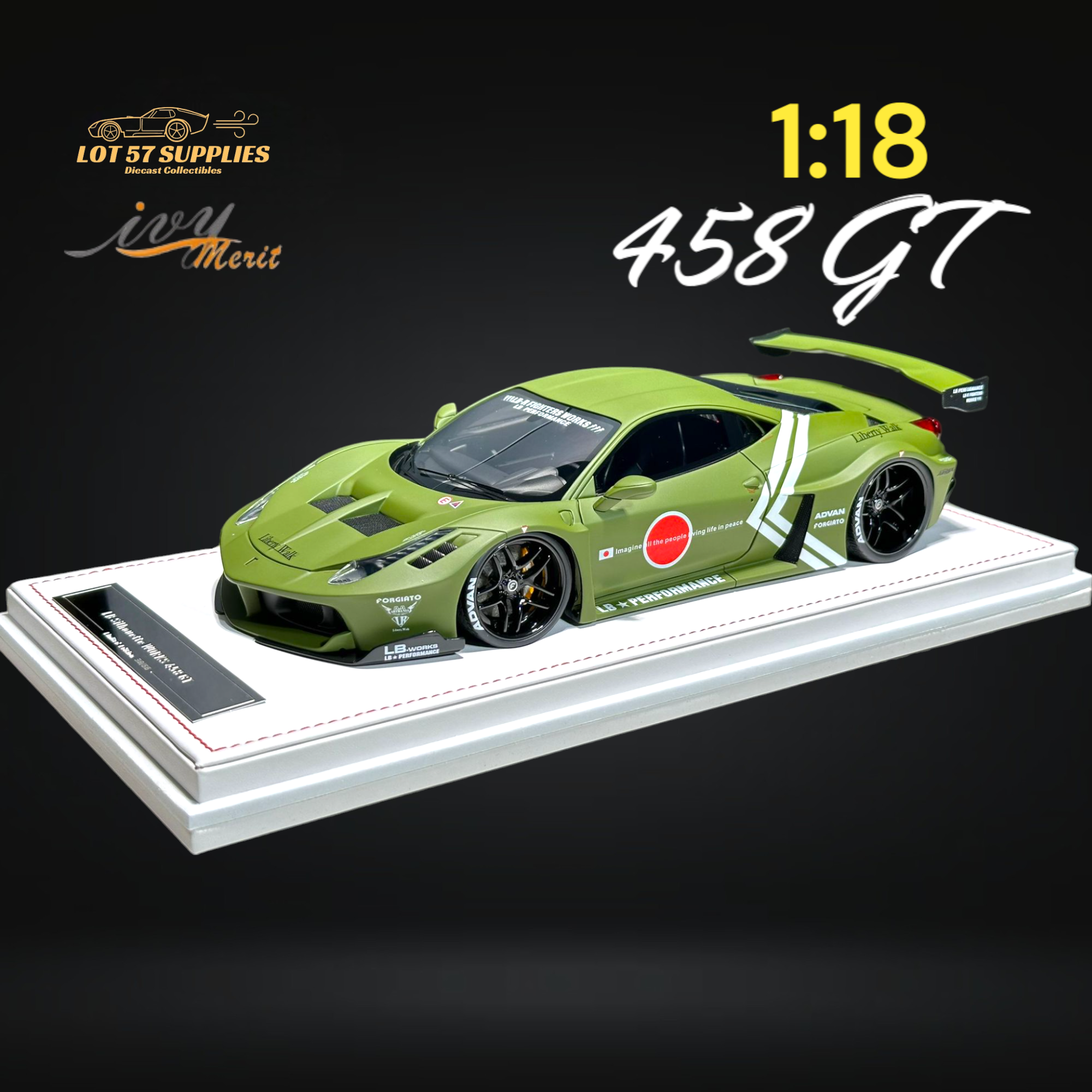 IVY MERIT 458 GT Fighter Green LBWK LB Silhouette Resin 1:18 Scale (ONLINE ORDER ONLY)