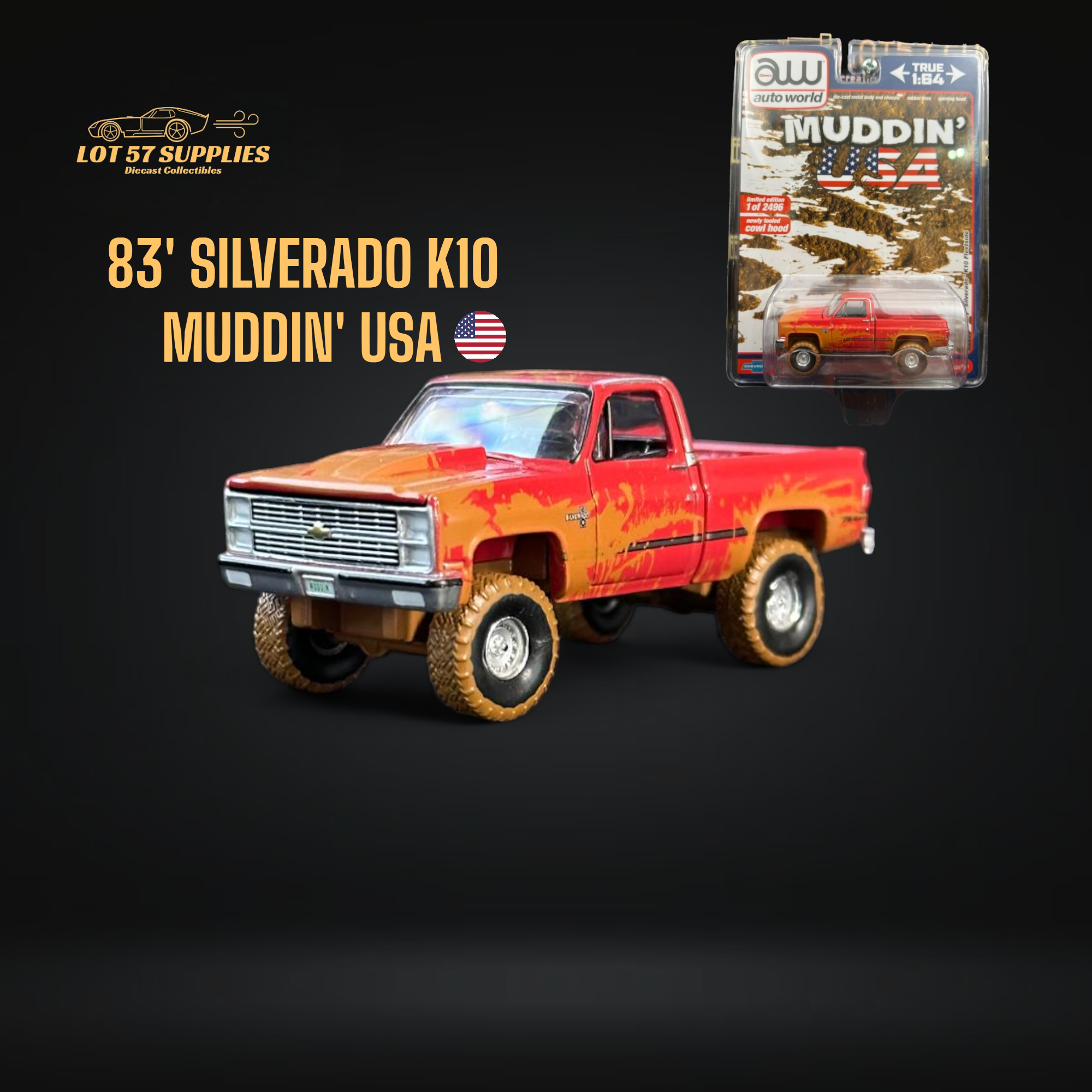 Auto World 1983 Chevrolet Silverado K10 4x4 Muddy LIFTED Squarebody 1:64 (ONLINE ORDER ONLY)