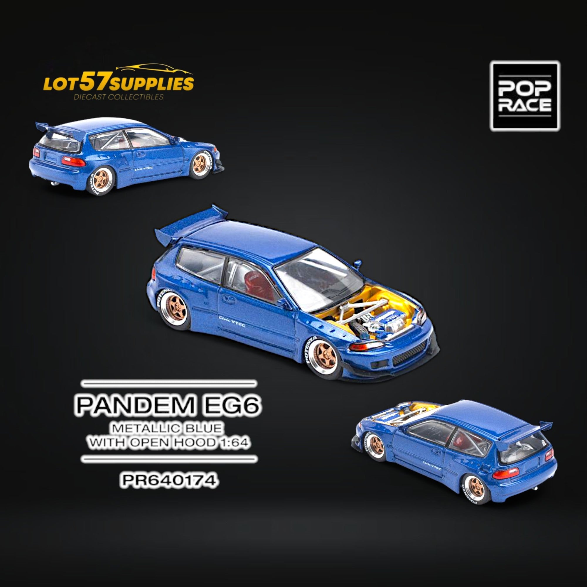 (Pre-Order) Pop Race Pandem Civic EG6 Metallic Blue w/ Openable hood 1:64 (ONLINE ORDER ONLY)