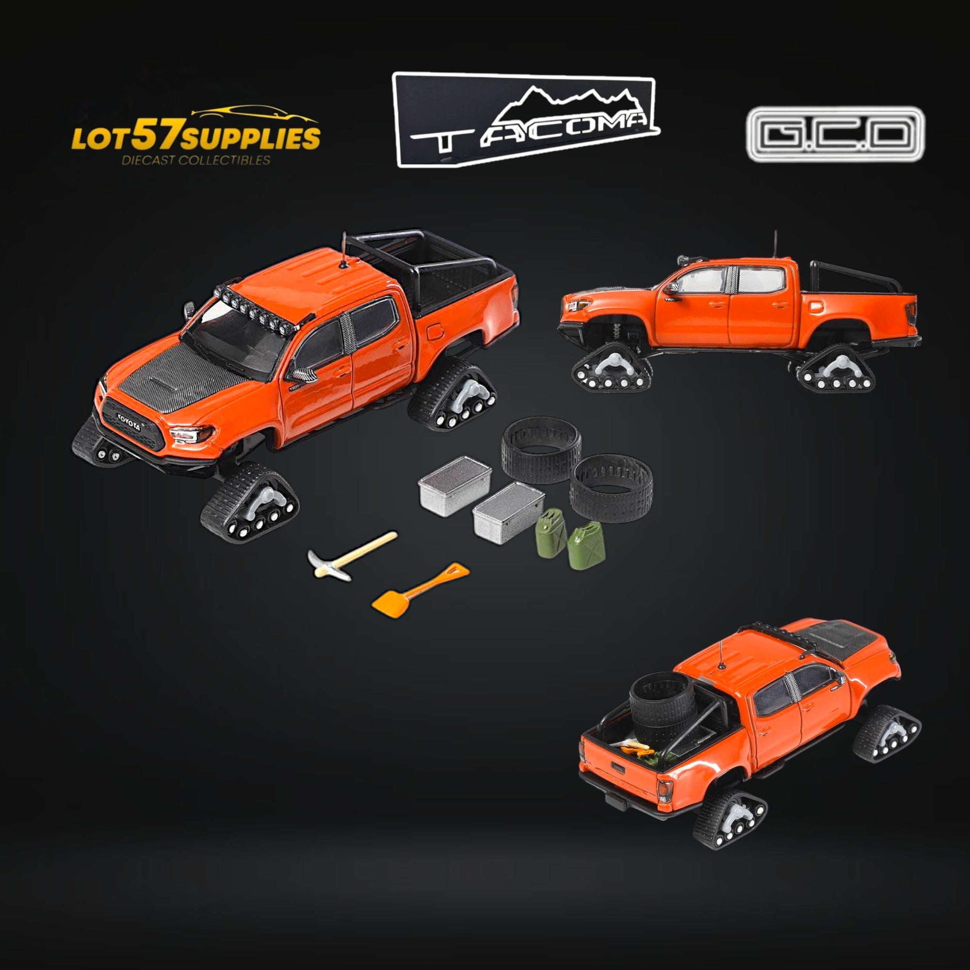 (Pre-Order) GCD Toyota TACOMA SNOW VERSION in Orange Red & 3PMSF Tires 1:64 (ONLINE ORDER ONLY)