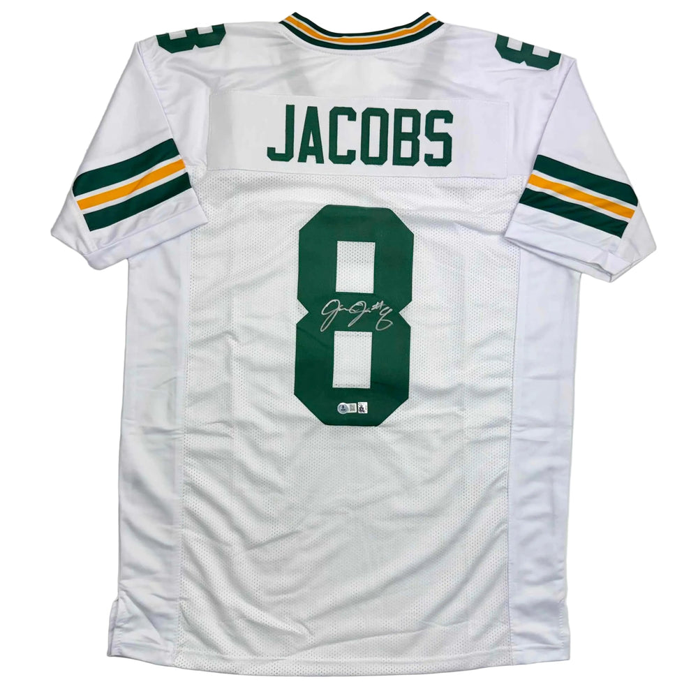 Autographed/Signed Josh Jacobs Green Bay White Football Jersey Beckett BAS COA