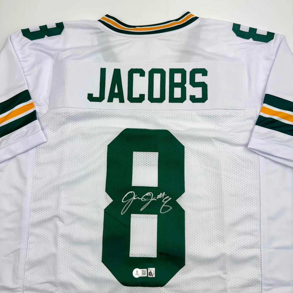 Autographed/Signed Josh Jacobs Green Bay White Football Jersey Beckett BAS COA