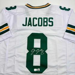 Autographed/Signed Josh Jacobs Green Bay White Football Jersey Beckett BAS COA