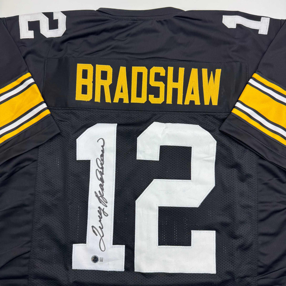 Autographed/Signed Terry Bradshaw Pittsburgh Black Football Jersey Beckett BAS COA