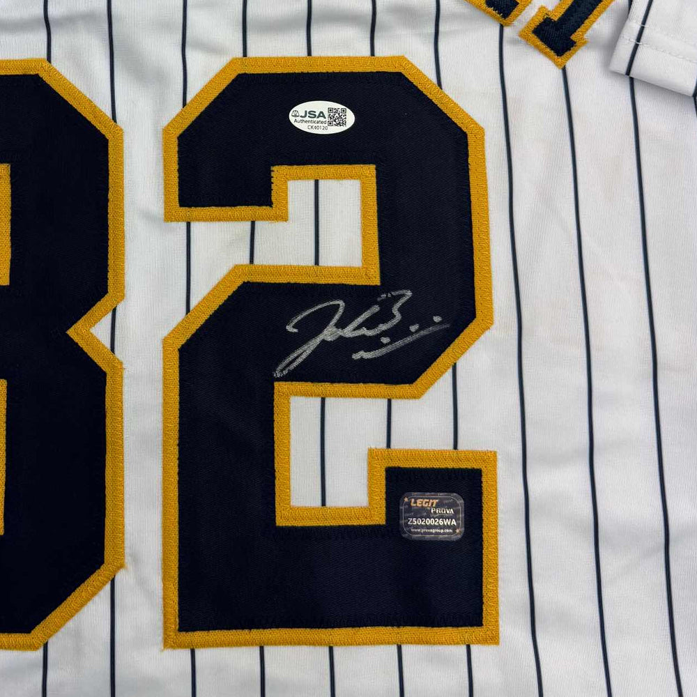 Framed Autographed/Signed Jacob Misiorowski 35x39 Milwaukee Pinstripe Baseball Jersey JSA COA