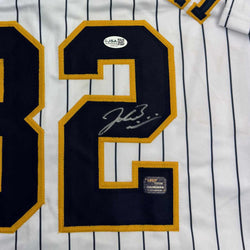 Framed Autographed/Signed Jacob Misiorowski 35x39 Milwaukee Pinstripe Baseball Jersey JSA COA
