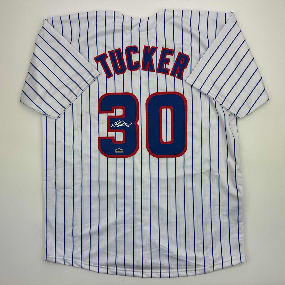 Facsimile Autographed Kyle Tucker Chicago Pinstripe Reprint Laser Auto Baseball Jersey Size Men's XL (ONLINE ORDER ONLY)