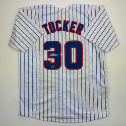 Facsimile Autographed Kyle Tucker Chicago Pinstripe Reprint Laser Auto Baseball Jersey Size Men's XL (ONLINE ORDER ONLY)