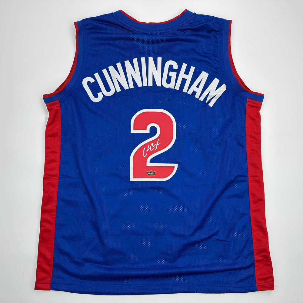 Facsimile Autographed Cade Cunningham Detroit Blue Reprint Laser Auto Basketball Jersey Size Men's XL (ONLINE ORDER ONLY)