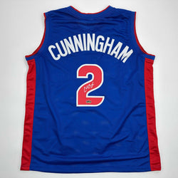 Facsimile Autographed Cade Cunningham Detroit Blue Reprint Laser Auto Basketball Jersey Size Men's XL (ONLINE ORDER ONLY)