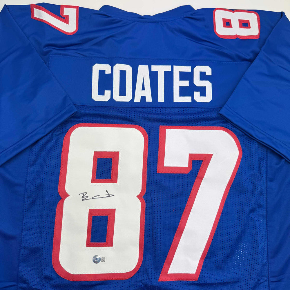 Autographed/Signed Ben Coates New England Blue Football Jersey Beckett BAS COA