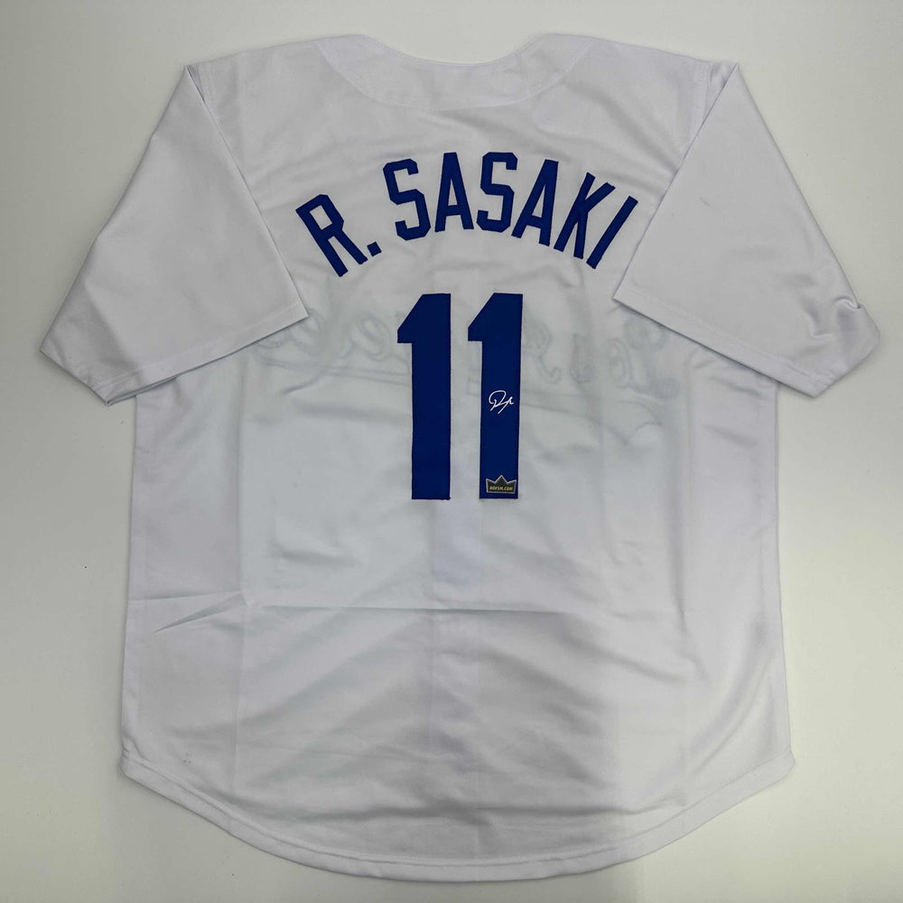 Facsimile Autographed Roki Sasaki Los Angeles LA White Reprint Laser Auto Baseball Jersey Size Men's XL (ONLINE ORDER ONLY)