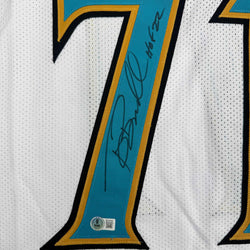 Autographed/Signed Tony Boselli HOF 22 Jacksonville White Football Jersey Beckett BAS COA