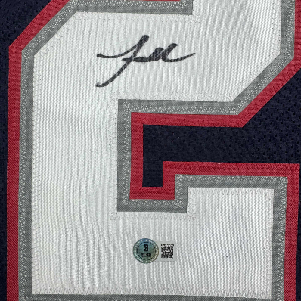 Autographed/Signed Jaylinn Hawkins New England Blue Football Jersey Beckett BAS COA