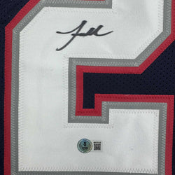 Autographed/Signed Jaylinn Hawkins New England Blue Football Jersey Beckett BAS COA