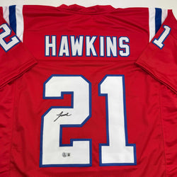 Autographed/Signed Jaylinn Hawkins New England Red Football Jersey Beckett BAS COA