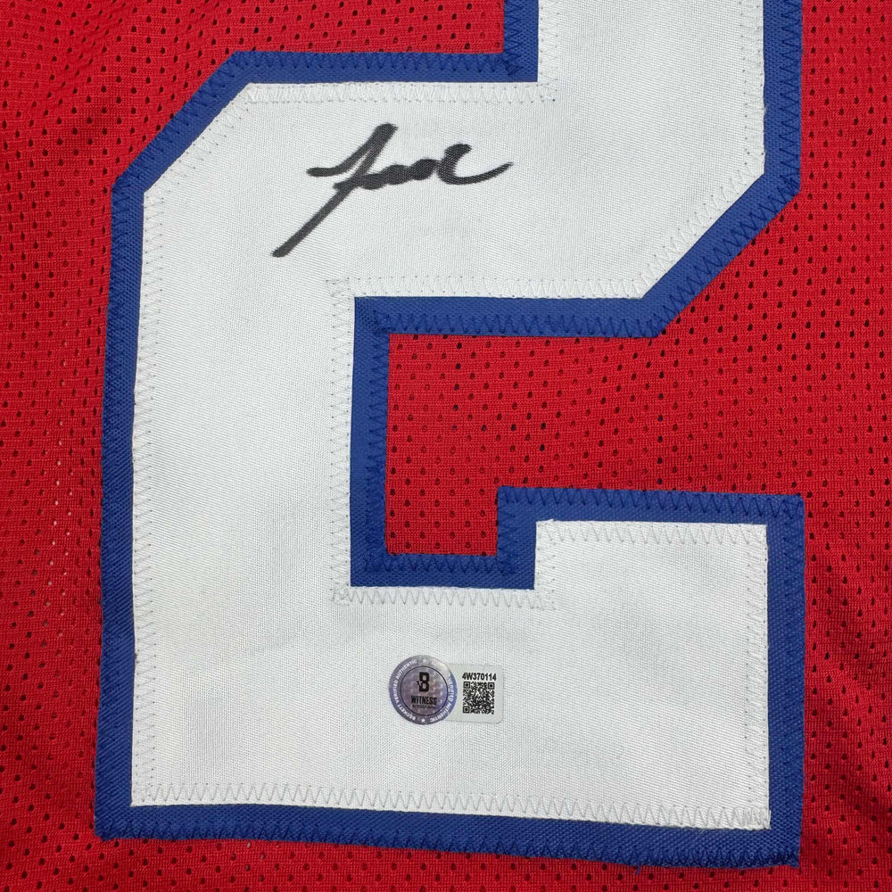 Autographed/Signed Jaylinn Hawkins New England Red Football Jersey Beckett BAS COA