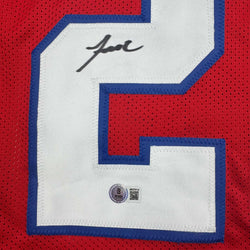 Autographed/Signed Jaylinn Hawkins New England Red Football Jersey Beckett BAS COA