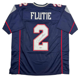 Autographed/Signed Doug Flutie New England Blue Football Jersey Beckett BAS COA