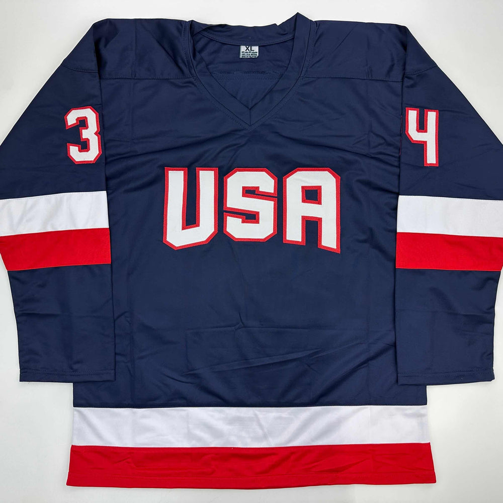 Facsimile Autographed Auston Matthews United States USA Blue 2025 4 Nations Face-Off Reprint Laser Auto Hockey Jersey Size Men's XL (ONLINE ORDER ONLY)