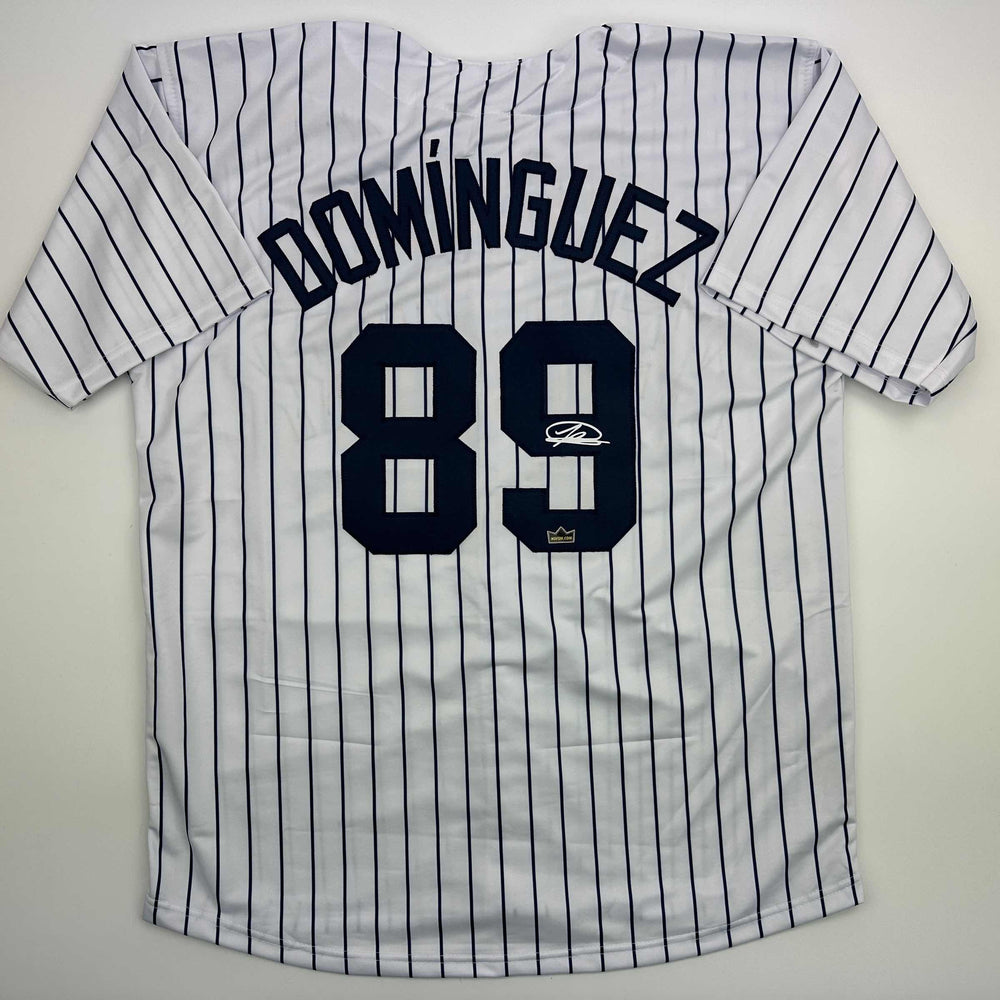 Facsimile Autographed Jasson Dominguez New York Pinstripe Reprint Laser Auto Baseball Jersey Size Men's XL (ONLINE ORDER ONLY)