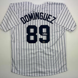 Facsimile Autographed Jasson Dominguez New York Pinstripe Reprint Laser Auto Baseball Jersey Size Men's XL (ONLINE ORDER ONLY)