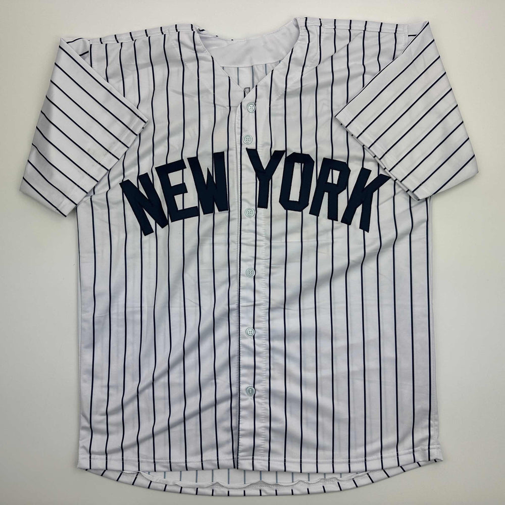Facsimile Autographed Jasson Dominguez New York Pinstripe Reprint Laser Auto Baseball Jersey Size Men's XL (ONLINE ORDER ONLY)