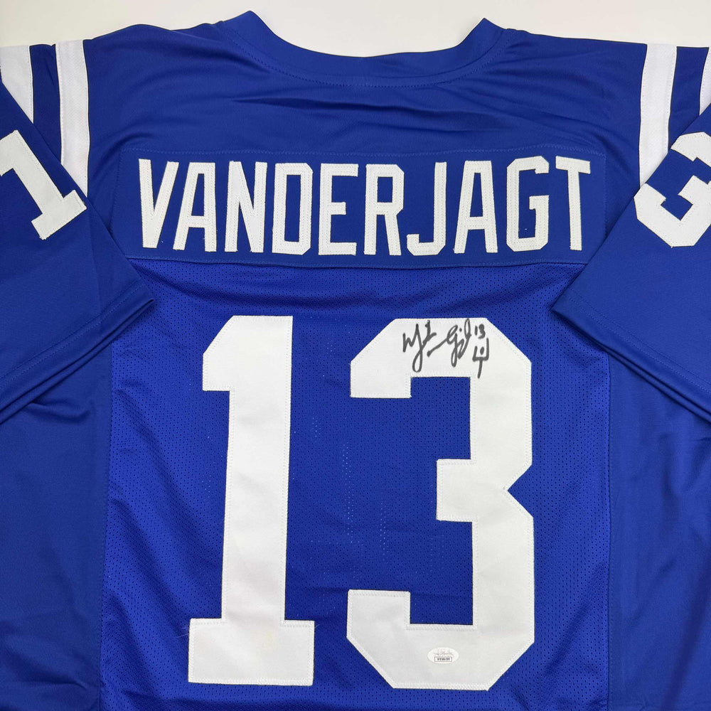 Autographed/Signed Mike Vanderjagt Indianapolis Blue Football Jersey JSA COA