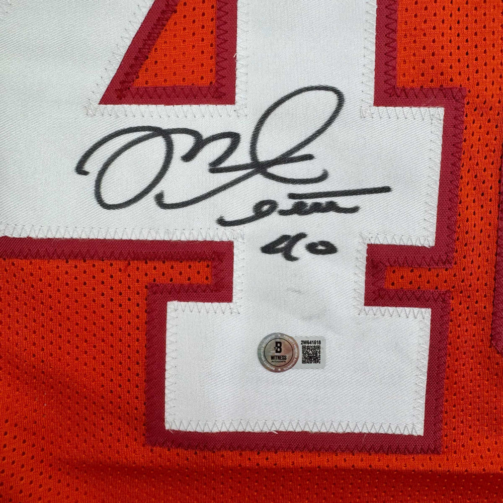 Autographed/Signed Mike Alstott Tampa Bay Orange Creamsicle Football Jersey Beckett BAS COA