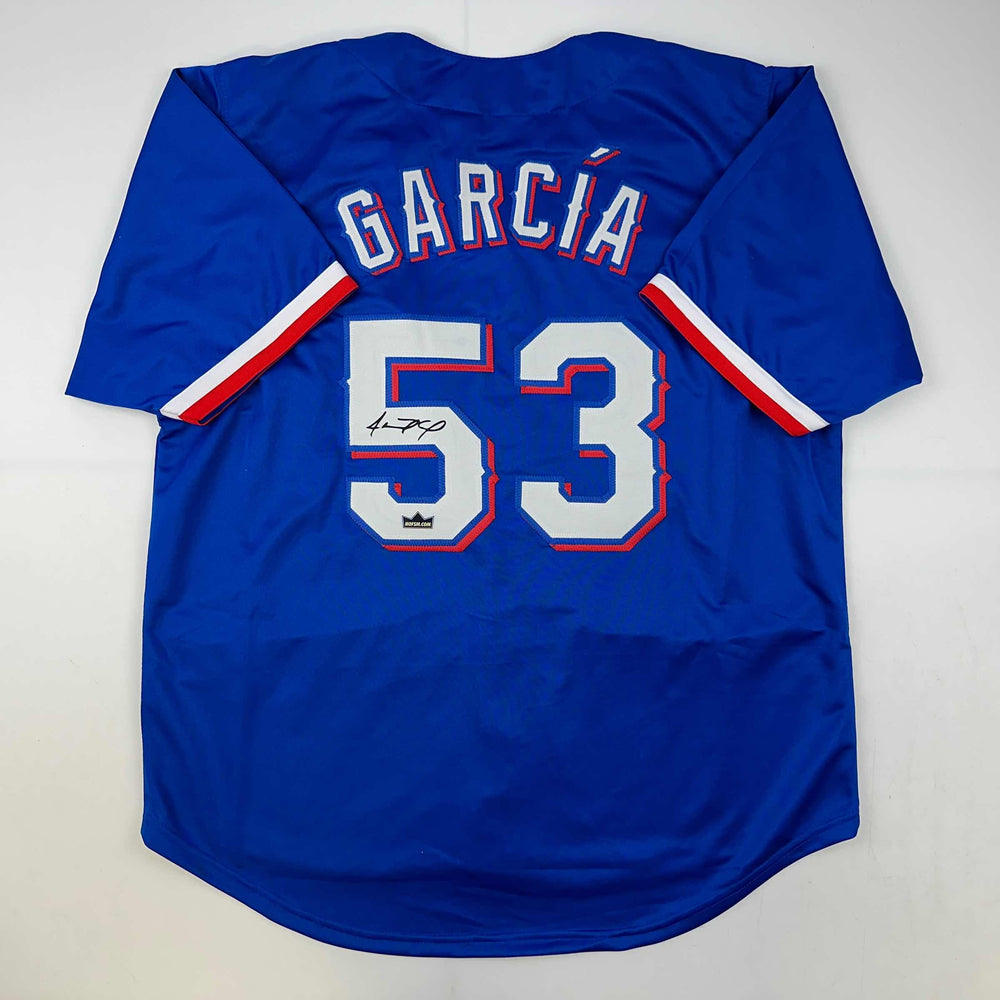 Facsimile Autographed Adolis Garcia Texas Blue Reprint Laser Auto Baseball Jersey Size Men's XL (ONLINE ORDER ONLY)