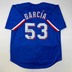 Facsimile Autographed Adolis Garcia Texas Blue Reprint Laser Auto Baseball Jersey Size Men's XL (ONLINE ORDER ONLY)